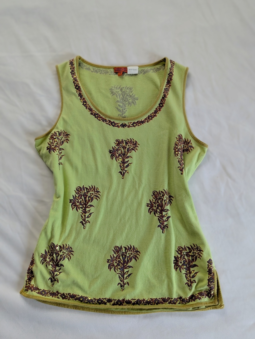 Chan Luu Light Green Tank with Brown Floral Trim